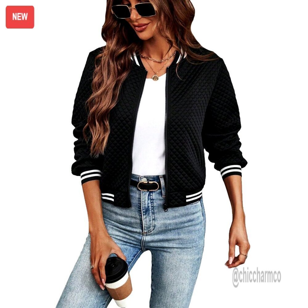 Striped Trim Zipper Up Long Sleeve Casual Bomber Jacket Outerwear Chic Retro